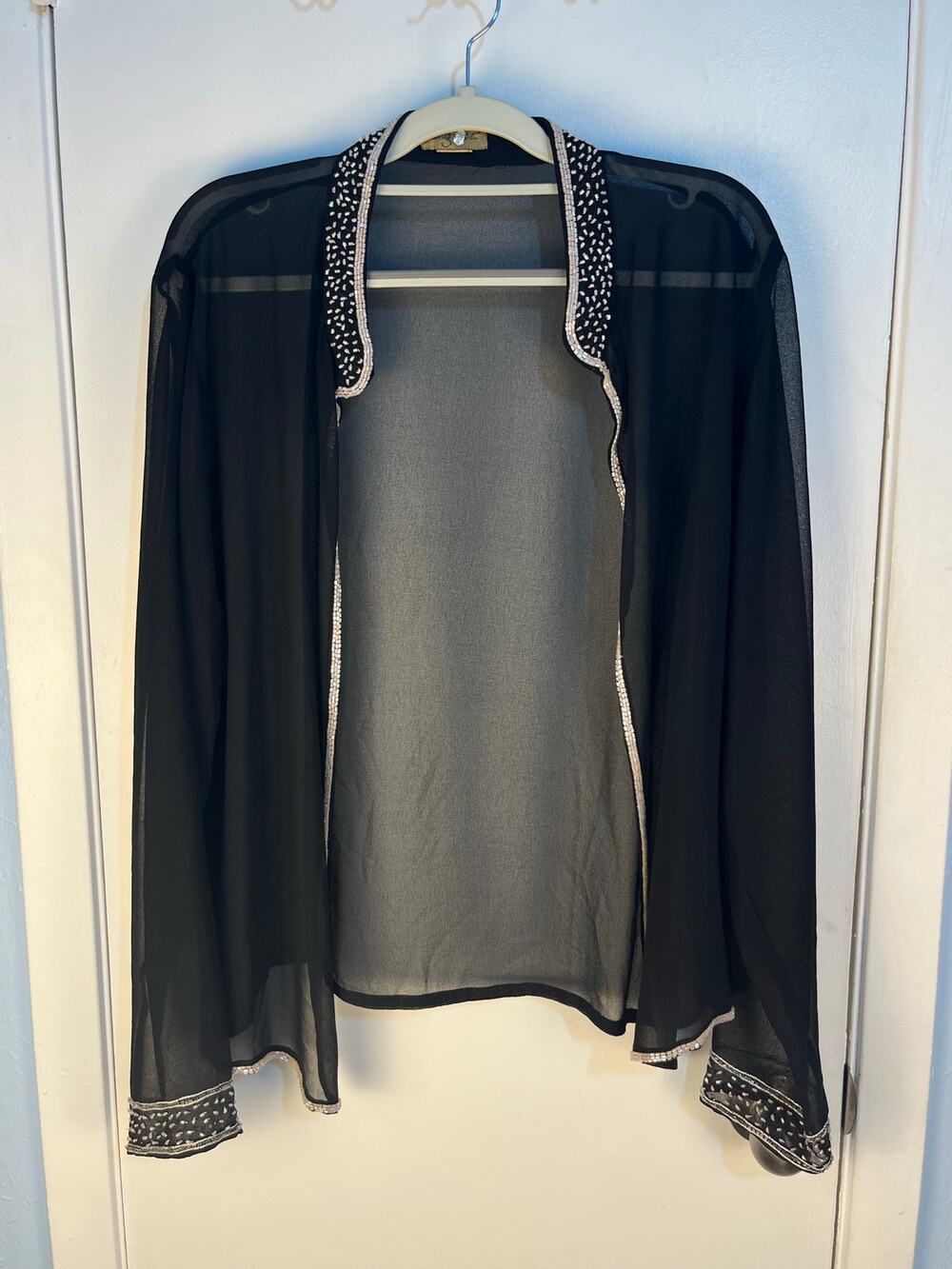 VTG Midnight Velvet Cardigan XL Sheer Black Beaded Elegant Cocktail Party Formal